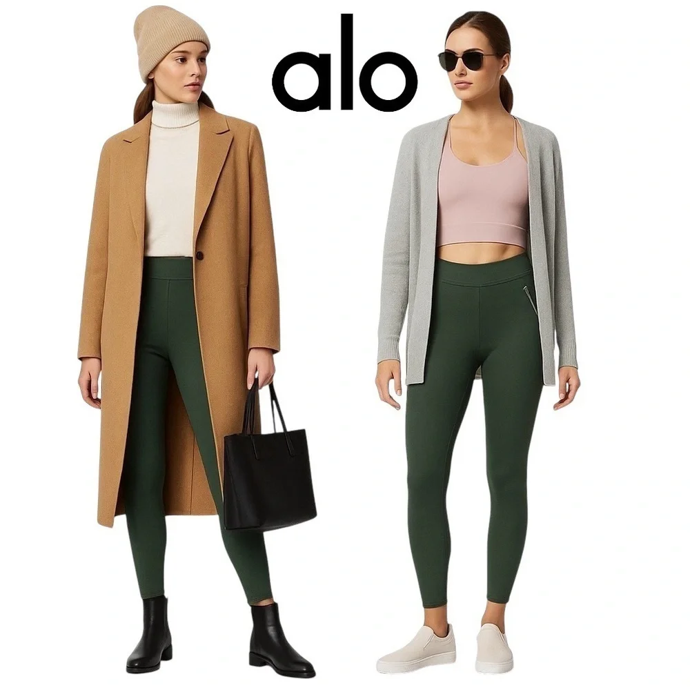 NWOT! ALO YOGA High-Waist Thrill Seeker Leggings in Olive Green with Front Zippe